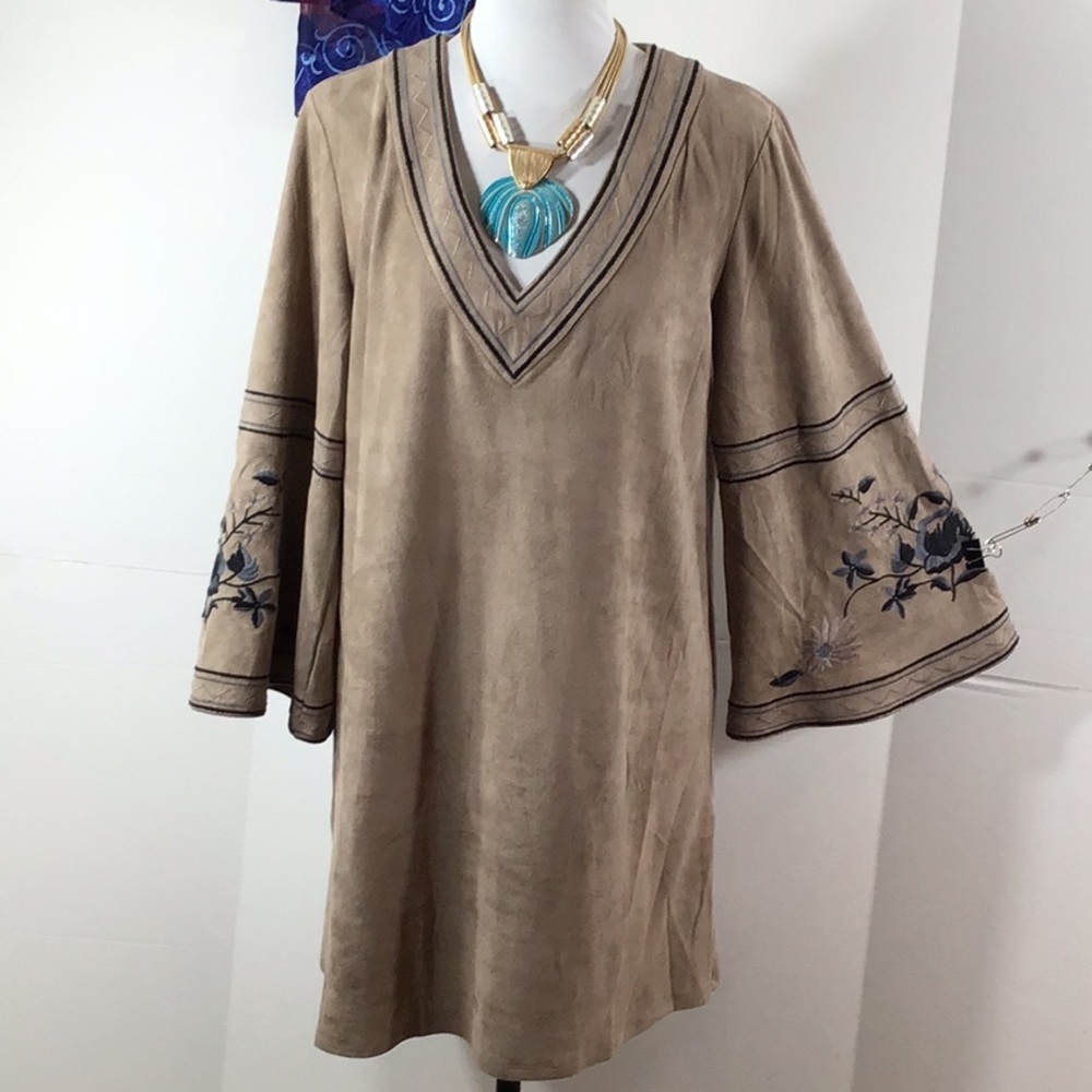 P. Cill Faux Suede Embroided Bell Sleeve Boho Dress - Taupe Size S